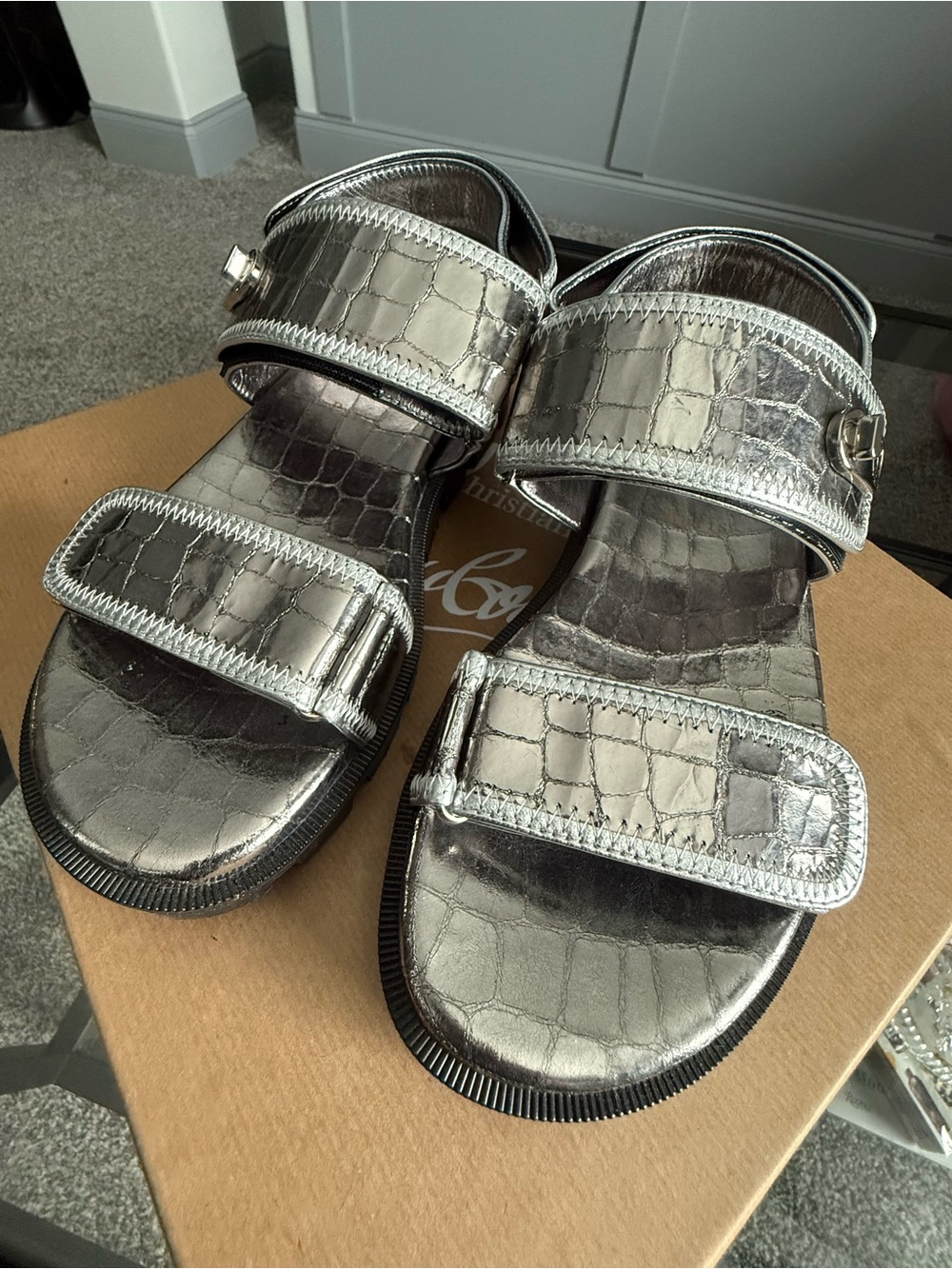 CHRISTIAN LOUBOUTIN Metallic Calfskin Alligator Embossed Sandals
